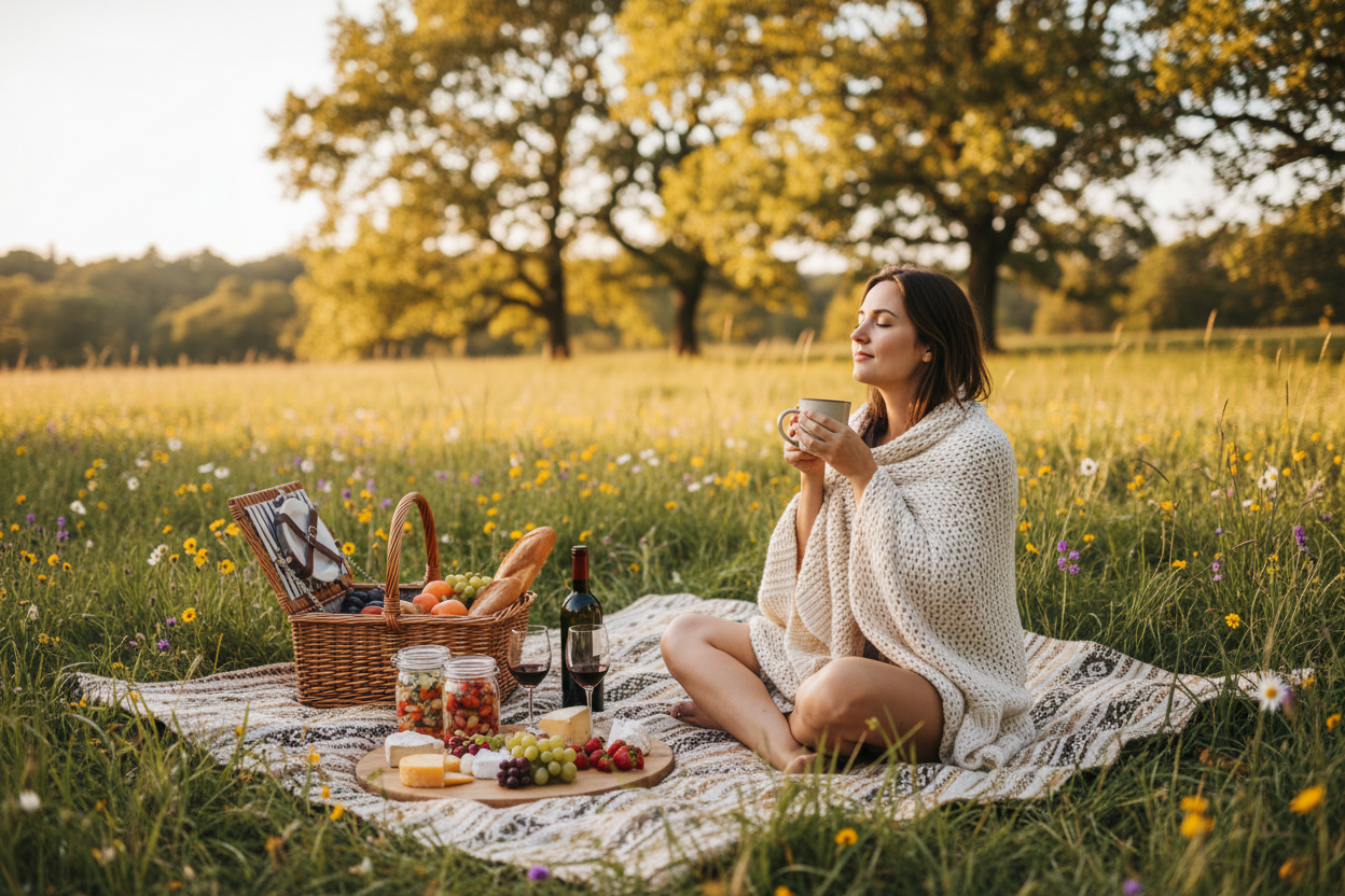 women with a blanket at a picnic